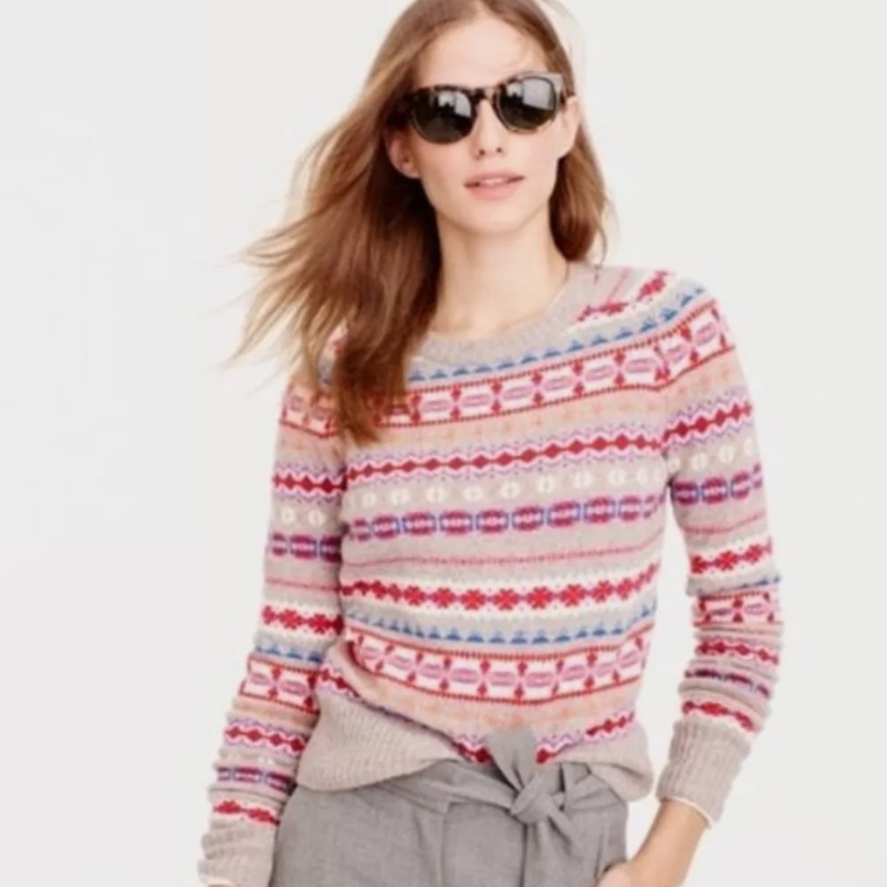 NWOT J.Crew Gray J. Crew Women Holly Fair Isle Poppy Sweater In 100% Wool,…